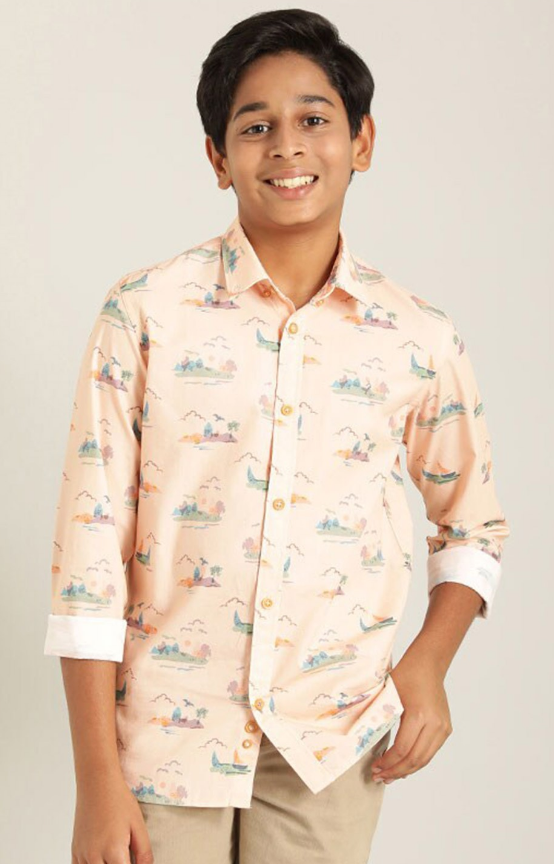 Boys Graphic Printed Cotton Casual Shirt (Color Peach) (Size 5 - 6