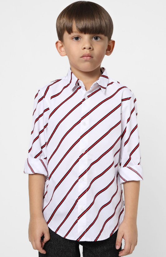 Boys White & Red Striped Cotton Casual Shirt (Color White & Red) (Size