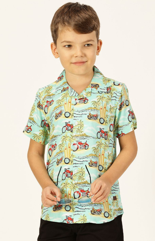 Boys Premium Cuban Collar Floral Printed Cotton Casual Shirt (Color