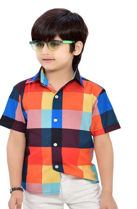 Boys Spread Collar Short Sleeves Comfort Opaque Checked Casual Shirt